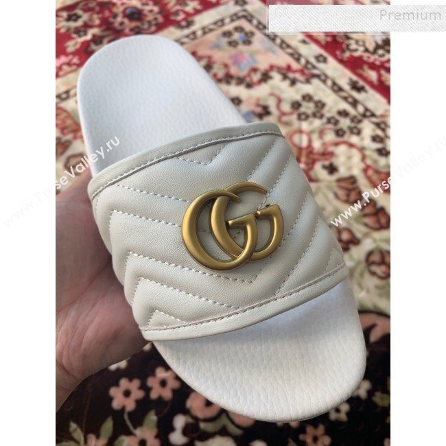Gucci GG Marmont Leather Flat Slide Sandals White 2019 (HANB-9120309)