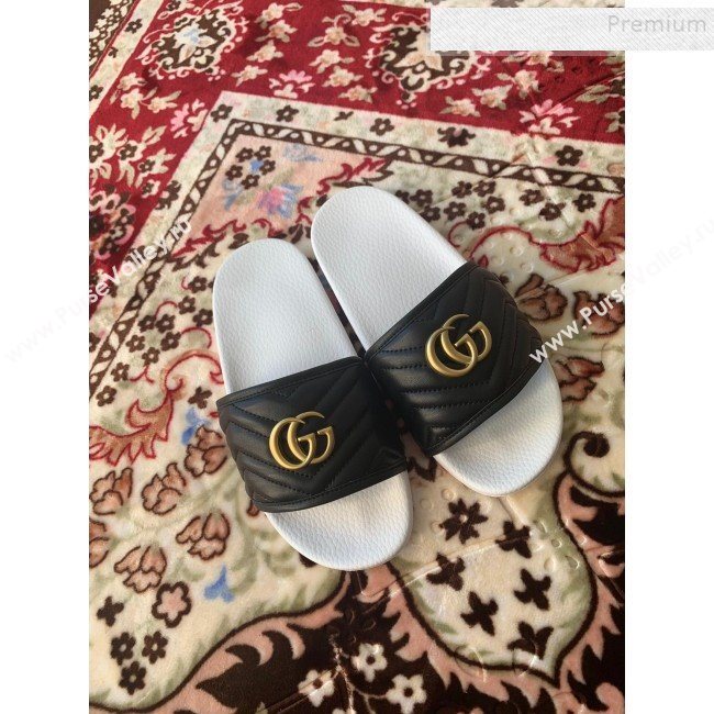 Gucci GG Marmont Leather Flat Slide Sandals Black 2019 (HANB-9120312)