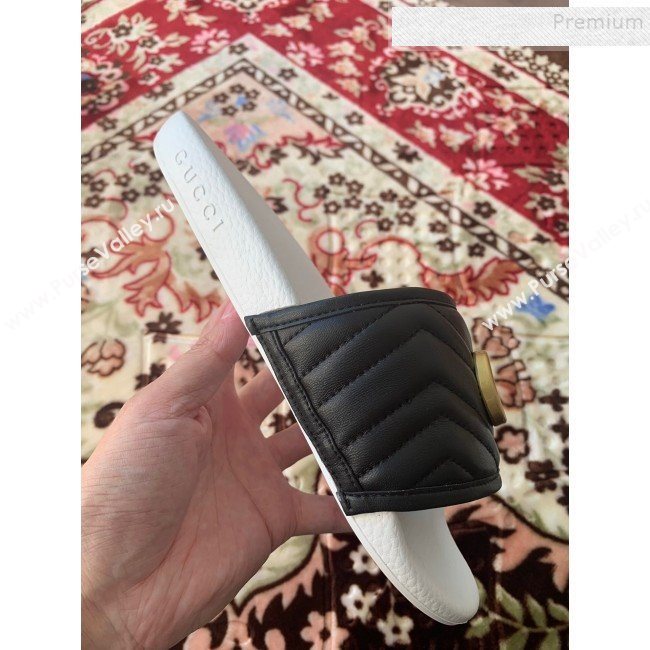 Gucci GG Marmont Leather Flat Slide Sandals Black 2019 (HANB-9120312)