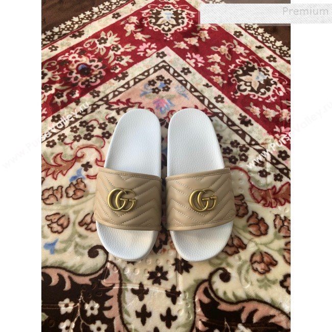 Gucci GG Marmont Leather Flat Slide Sandals Nude 2019 (HANB-9120308)