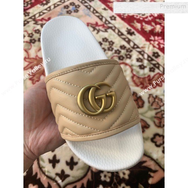 Gucci GG Marmont Leather Flat Slide Sandals Nude 2019 (HANB-9120308)