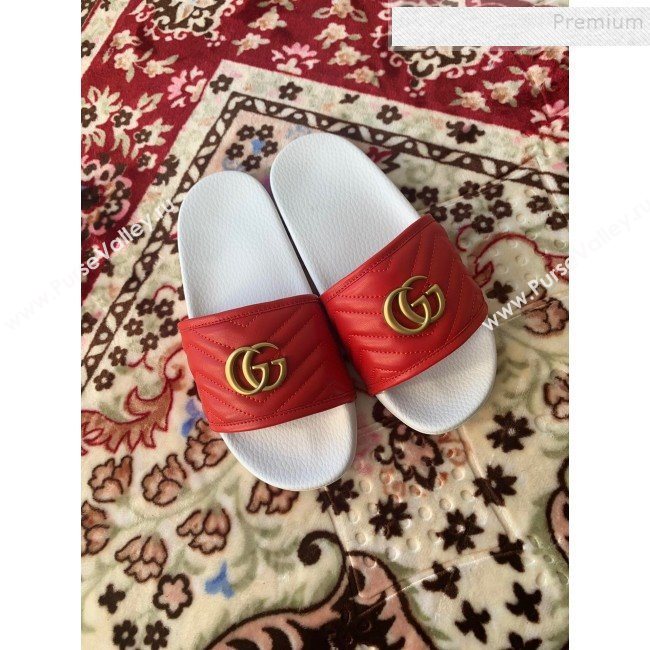 Gucci GG Marmont Leather Flat Slide Sandals Red 2019 (HANB-9120311)