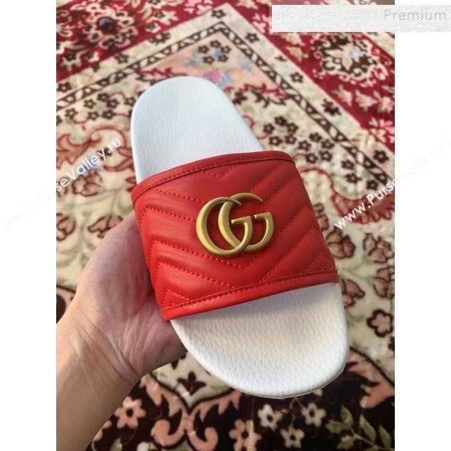 Gucci GG Marmont Leather Flat Slide Sandals Red 2019 (HANB-9120311)