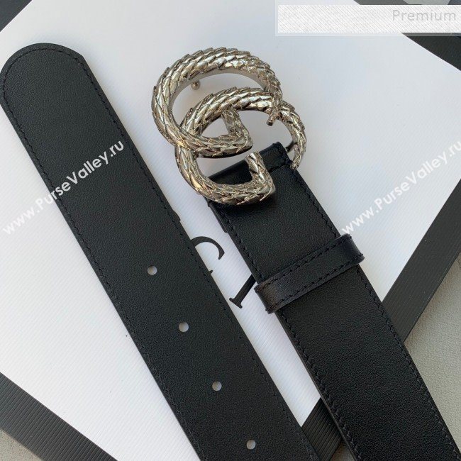 Gucci Reversible Calfskin Belt 38mm with Carved GG Buckle Black/Silver 2019 (99-9120335)