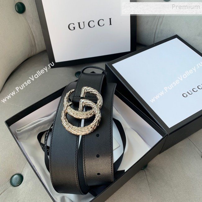 Gucci Reversible Calfskin Belt 38mm with Carved GG Buckle Black/Silver 2019 (99-9120335)