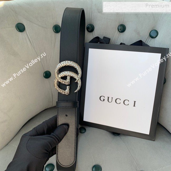 Gucci Reversible Calfskin Belt 38mm with Carved GG Buckle Black/Silver 2019 (99-9120335)