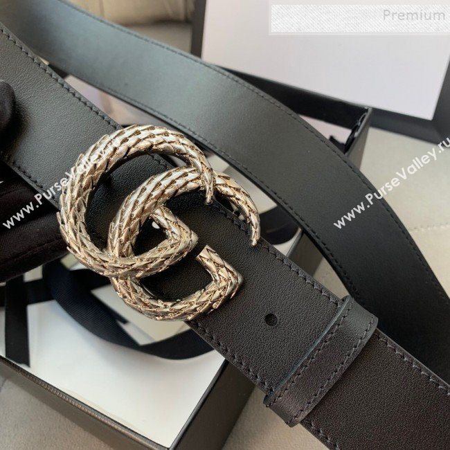 Gucci Reversible Calfskin Belt 38mm with Carved GG Buckle Black/Silver 2019 (99-9120335)