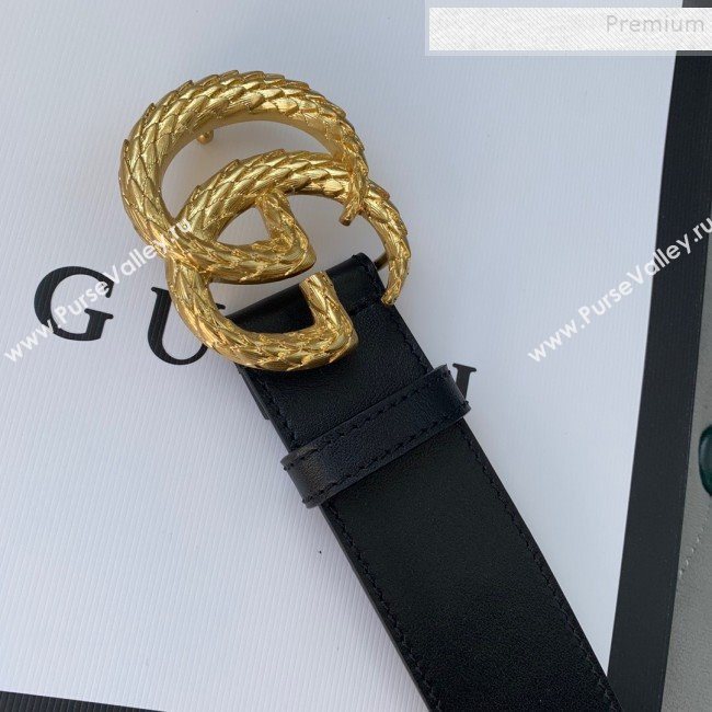 Gucci Reversible Calfskin Belt 38mm with Carved GG Buckle Black/Gold 2019 (99-9120336)