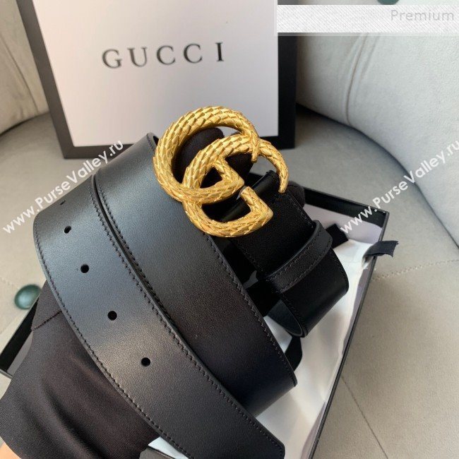Gucci Reversible Calfskin Belt 38mm with Carved GG Buckle Black/Gold 2019 (99-9120336)