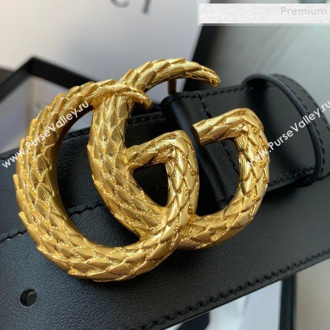 Gucci Reversible Calfskin Belt 38mm with Carved GG Buckle Black/Gold 2019 (99-9120336)