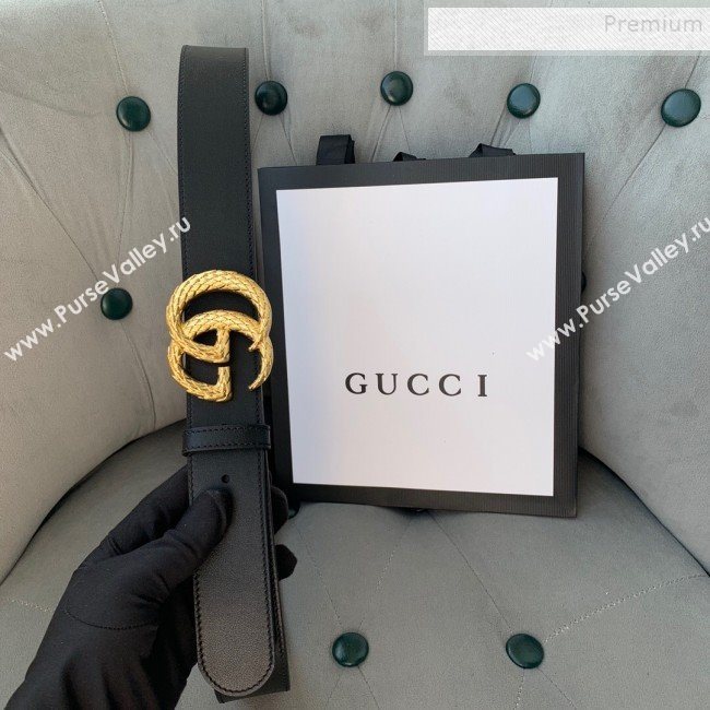Gucci Reversible Calfskin Belt 38mm with Carved GG Buckle Black/Gold 2019 (99-9120336)