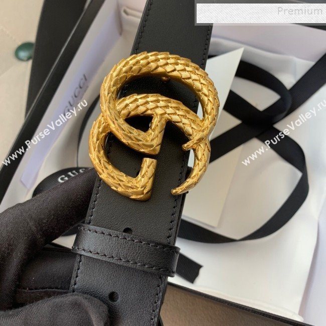 Gucci Reversible Calfskin Belt 38mm with Carved GG Buckle Black/Gold 2019 (99-9120336)