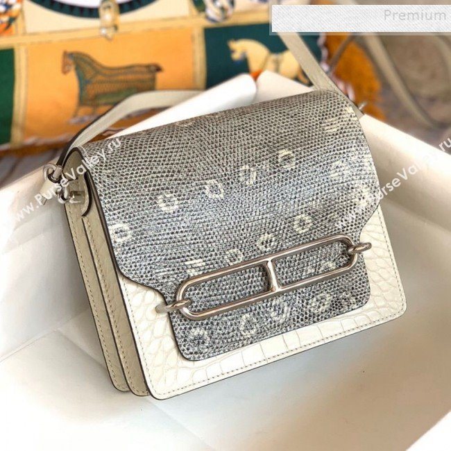 Hermes Sac Roulis 18cm Bag in Lizard and Crocodile Embossed Calf Leather White 2019 (Half Handmade) (FLB-9120501)