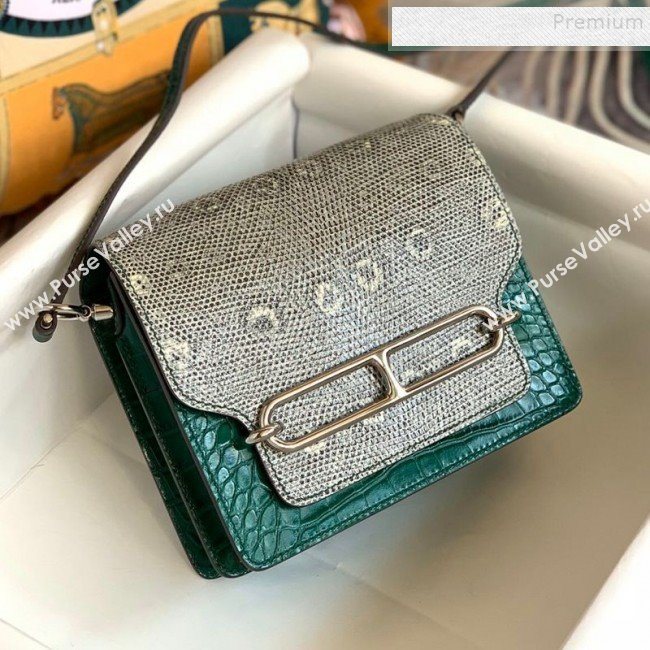 Hermes Sac Roulis 18cm Bag in Lizard and Crocodile Embossed Calf Leather Green 2019 (Half Handmade) (FLB-9120502)