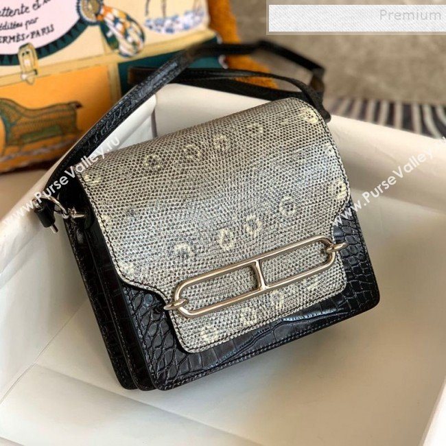 Hermes Sac Roulis 18cm Bag in Lizard and Crocodile Embossed Calf Leather Black 2019 (Half Handmade) (FLB-9120503)