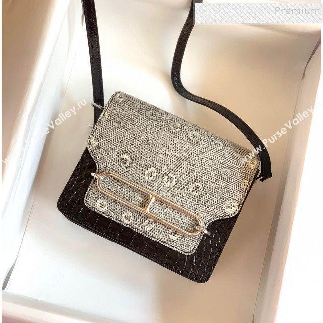 Hermes Sac Roulis 18cm Bag in Lizard and Crocodile Embossed Calf Leather Black 2019 (Half Handmade) (FLB-9120503)