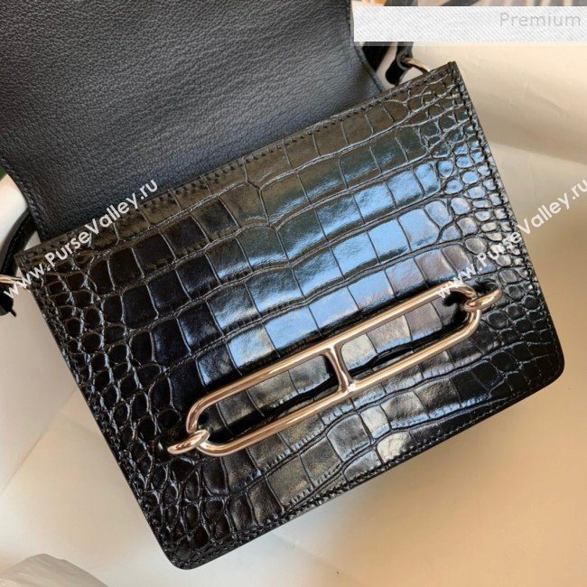 Hermes Sac Roulis 18cm Bag in Lizard and Crocodile Embossed Calf Leather Black 2019 (Half Handmade) (FLB-9120503)