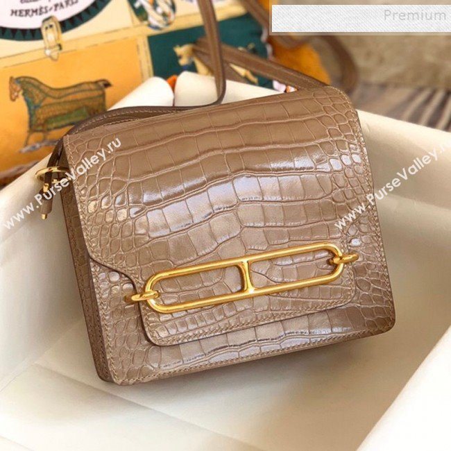 Hermes Sac Roulis 18cm Bag in Crocodile Embossed Calf Leather Beige 2019 (Half Handmade) (FLB-9120504)