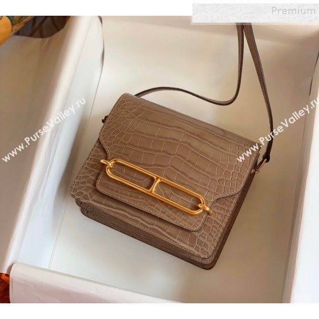 Hermes Sac Roulis 18cm Bag in Crocodile Embossed Calf Leather Beige 2019 (Half Handmade) (FLB-9120504)