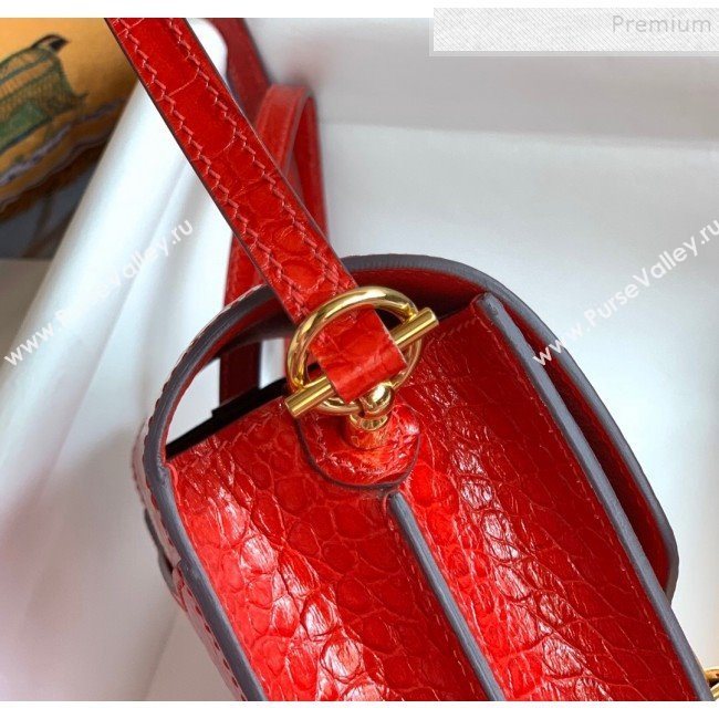 Hermes Sac Roulis 18cm Bag in Crocodile Embossed Calf Leather Red 2019 (Half Handmade) (FLB-9120505)