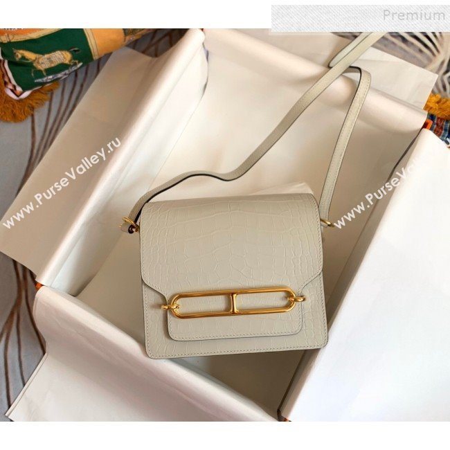 Hermes Sac Roulis 18cm Bag in Crocodile Embossed Calf Leather White/Gold 2019 (Half Handmade) (FLB-9120506)