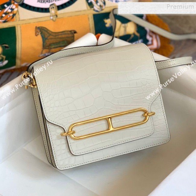 Hermes Sac Roulis 18cm Bag in Crocodile Embossed Calf Leather White/Gold 2019 (Half Handmade) (FLB-9120506)