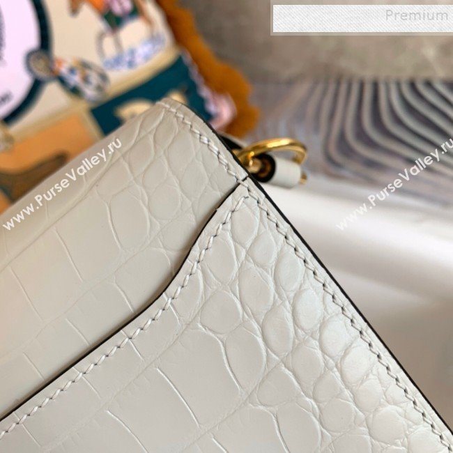 Hermes Sac Roulis 18cm Bag in Crocodile Embossed Calf Leather White/Gold 2019 (Half Handmade) (FLB-9120506)