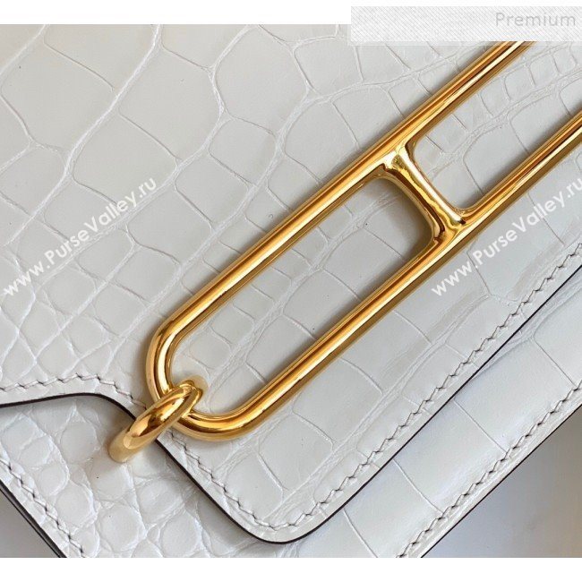 Hermes Sac Roulis 18cm Bag in Crocodile Embossed Calf Leather White/Gold 2019 (Half Handmade) (FLB-9120506)