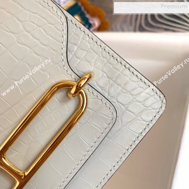 Hermes Sac Roulis 18cm Bag in Crocodile Embossed Calf Leather White/Gold 2019 (Half Handmade) (FLB-9120506)