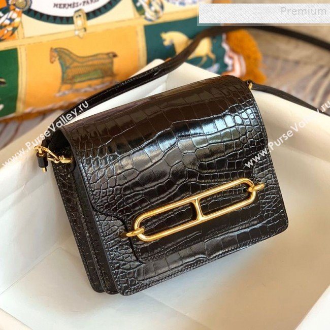 Hermes Sac Roulis 18cm Bag in Crocodile Embossed Calf Leather Black/Gold 2019 (Half Handmade) (FLB-9120509)