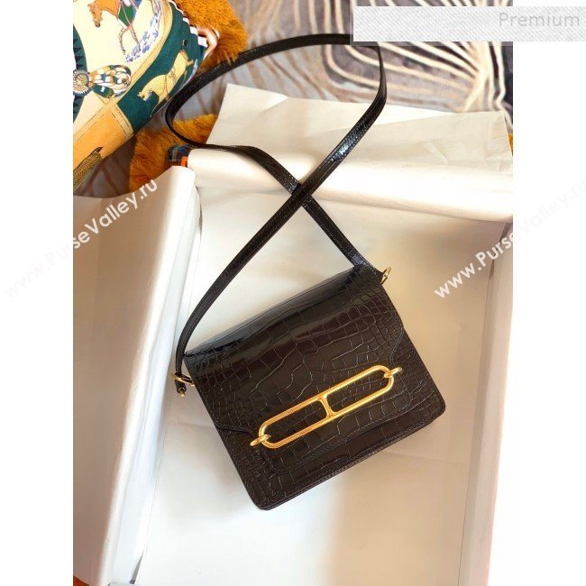 Hermes Sac Roulis 18cm Bag in Crocodile Embossed Calf Leather Black/Gold 2019 (Half Handmade) (FLB-9120509)