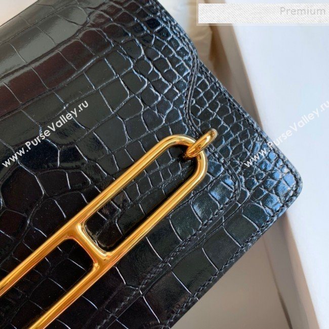 Hermes Sac Roulis 18cm Bag in Crocodile Embossed Calf Leather Black/Gold 2019 (Half Handmade) (FLB-9120509)