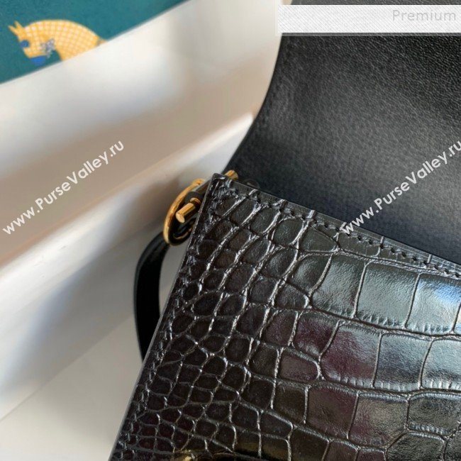 Hermes Sac Roulis 18cm Bag in Crocodile Embossed Calf Leather Black/Gold 2019 (Half Handmade) (FLB-9120509)