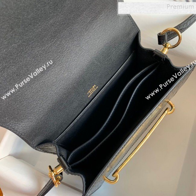 Hermes Sac Roulis 18cm Bag in Crocodile Embossed Calf Leather Black/Gold 2019 (Half Handmade) (FLB-9120509)