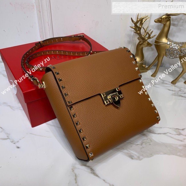 Valentino Rockstud Grainy Calfskin Vertical Bag 0182 Brown 2019 (XYD-9120510)