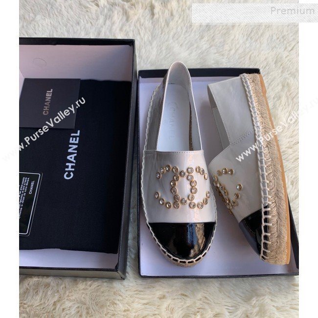 Chanel Patent Leather Crystal CC Espadrilles White 2019 (HANB-9120303)