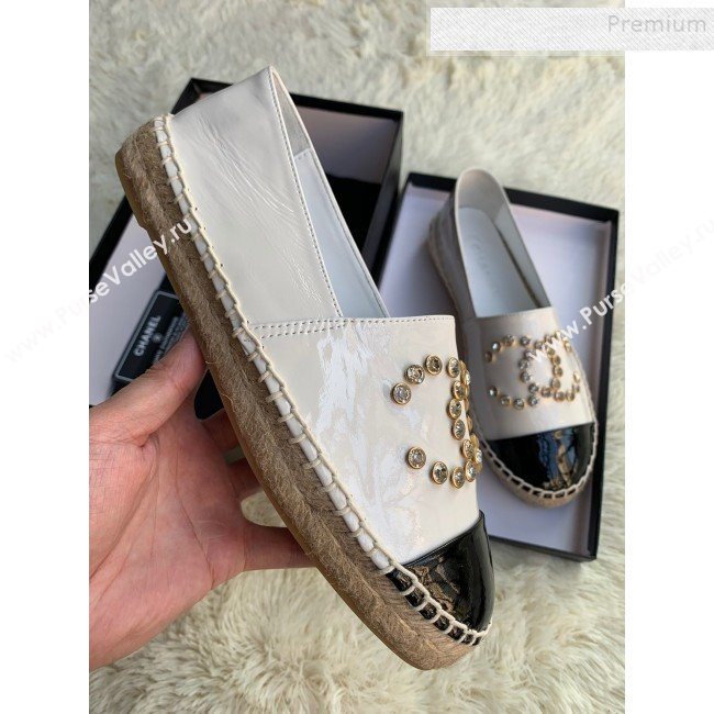 Chanel Patent Leather Crystal CC Espadrilles White 2019 (HANB-9120303)