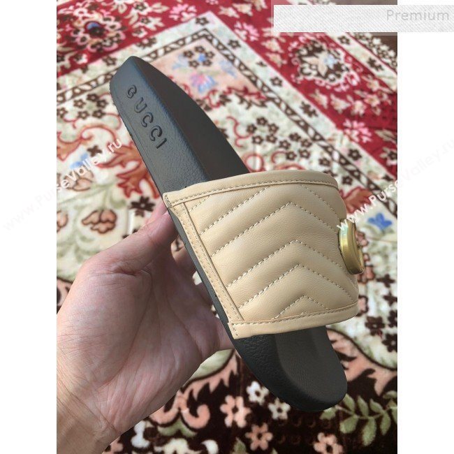 Gucci GG Marmont Leather Flat Slide Sandals Nude 2019 (HANB-9120308)