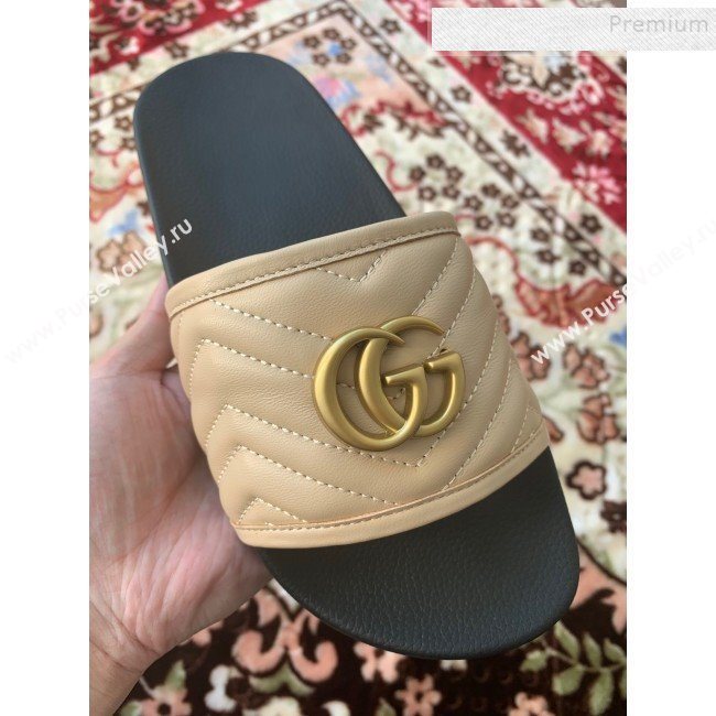 Gucci GG Marmont Leather Flat Slide Sandals Nude 2019 (HANB-9120308)