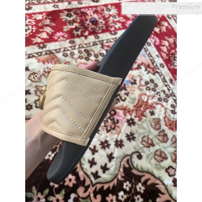 Gucci GG Marmont Leather Flat Slide Sandals Nude 2019 (HANB-9120308)