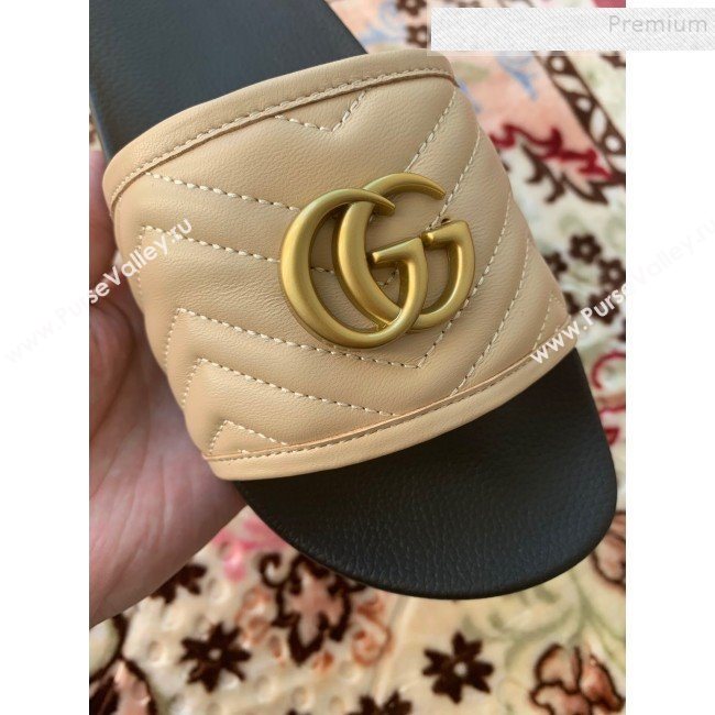 Gucci GG Marmont Leather Flat Slide Sandals Nude 2019 (HANB-9120308)