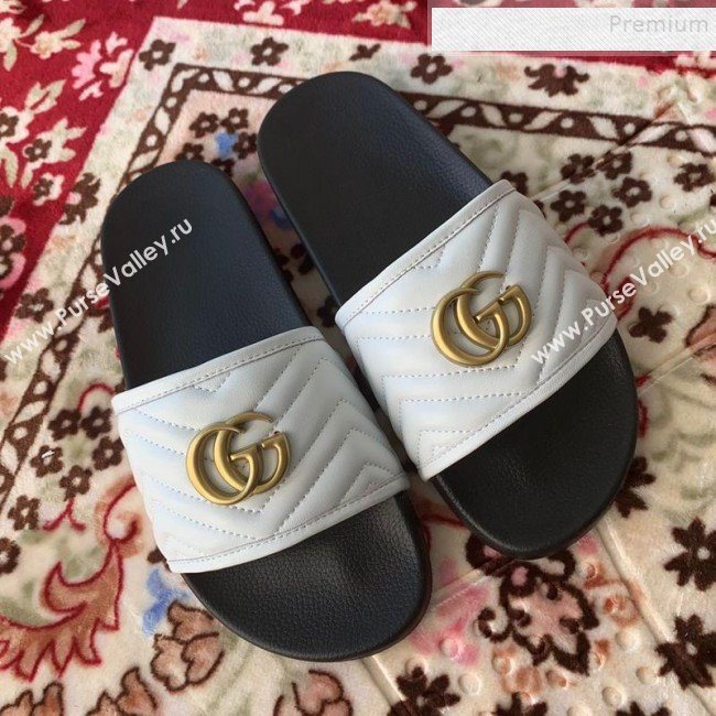 Gucci GG Marmont Leather Flat Slide Sandals White 2019 (HANB-9120309)