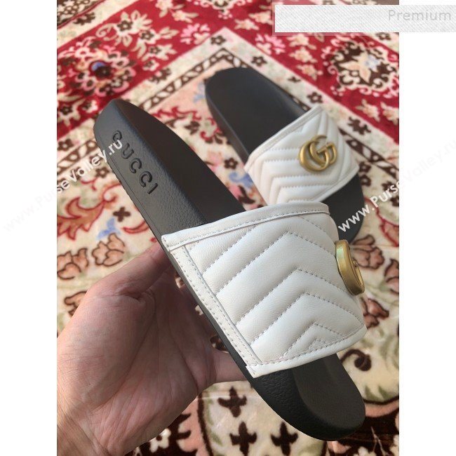Gucci GG Marmont Leather Flat Slide Sandals White 2019 (HANB-9120309)