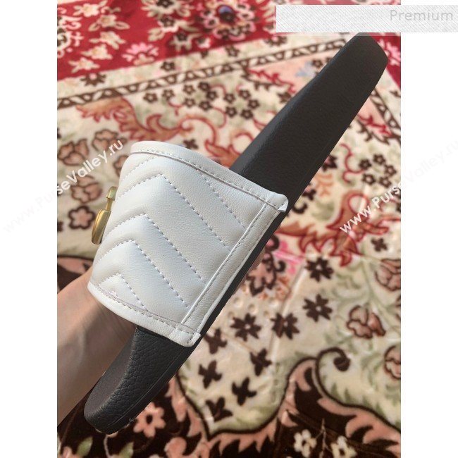 Gucci GG Marmont Leather Flat Slide Sandals White 2019 (HANB-9120309)