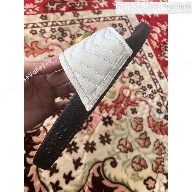 Gucci GG Marmont Leather Flat Slide Sandals White 2019 (HANB-9120309)