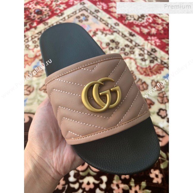 Gucci GG Marmont Leather Flat Slide Sandals Dusty Pink 2019 (HANB-9120310)