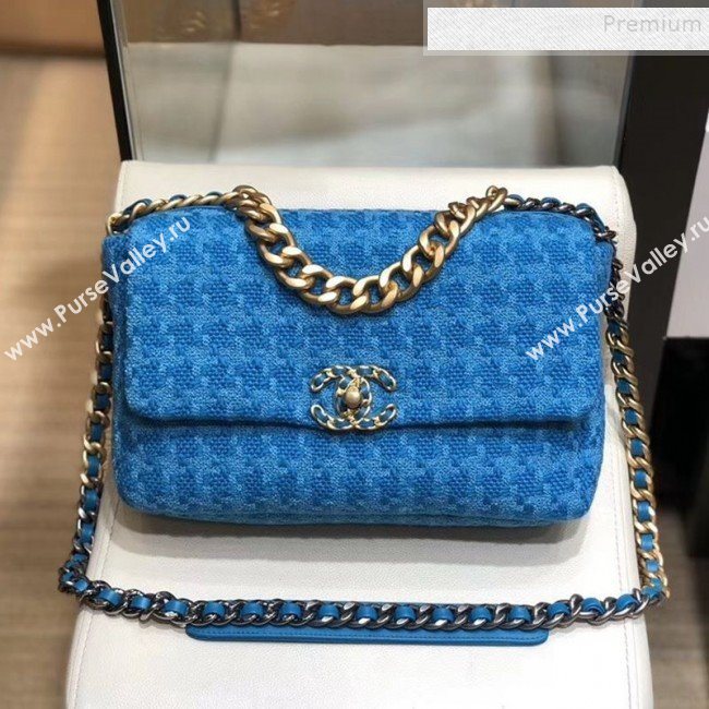 Chanel 19 Houndstooth Wool Tweed Large Flap Bag AS1161 Bright Blue 2019 (SMJD-9120903)