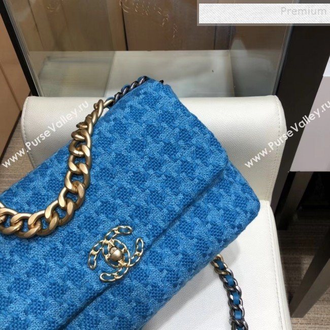 Chanel 19 Houndstooth Wool Tweed Large Flap Bag AS1161 Bright Blue 2019 (SMJD-9120903)