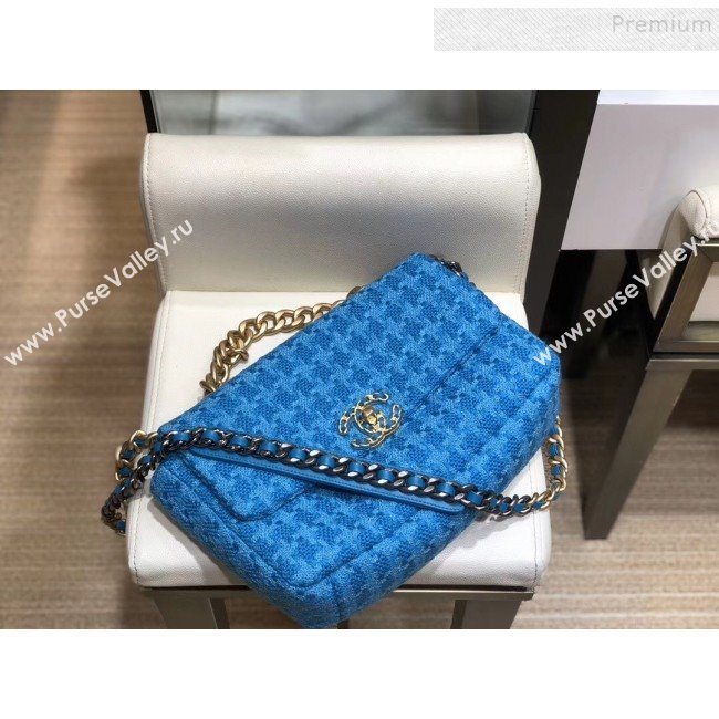 Chanel 19 Houndstooth Wool Tweed Large Flap Bag AS1161 Bright Blue 2019 (SMJD-9120903)