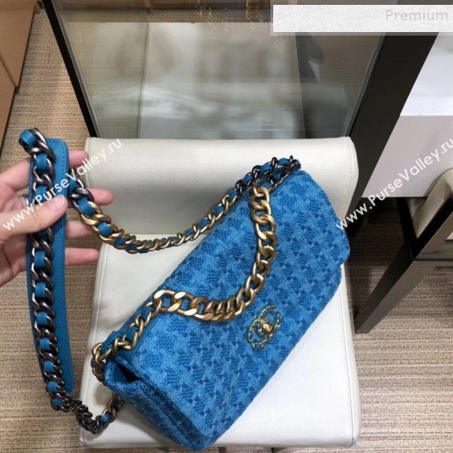 Chanel 19 Houndstooth Wool Tweed Large Flap Bag AS1161 Bright Blue 2019 (SMJD-9120903)